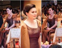 ทรงพระสิริโฉม พระราชินี ฉลองพระองค์ราตรีไทยสากล ผ้าขิดไหม